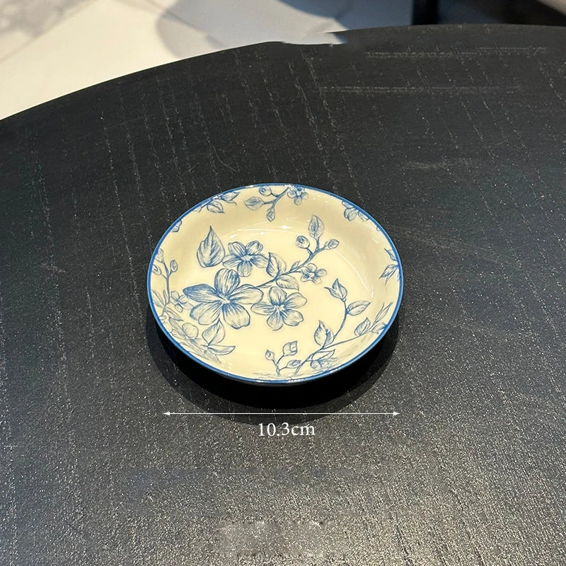 Elegant Vintage Blue Floral Bowl & Plate Set
